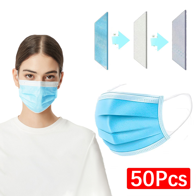 50Pcs 3-layer Mask Face Masks  - Disposable Mask Blue avis et prix